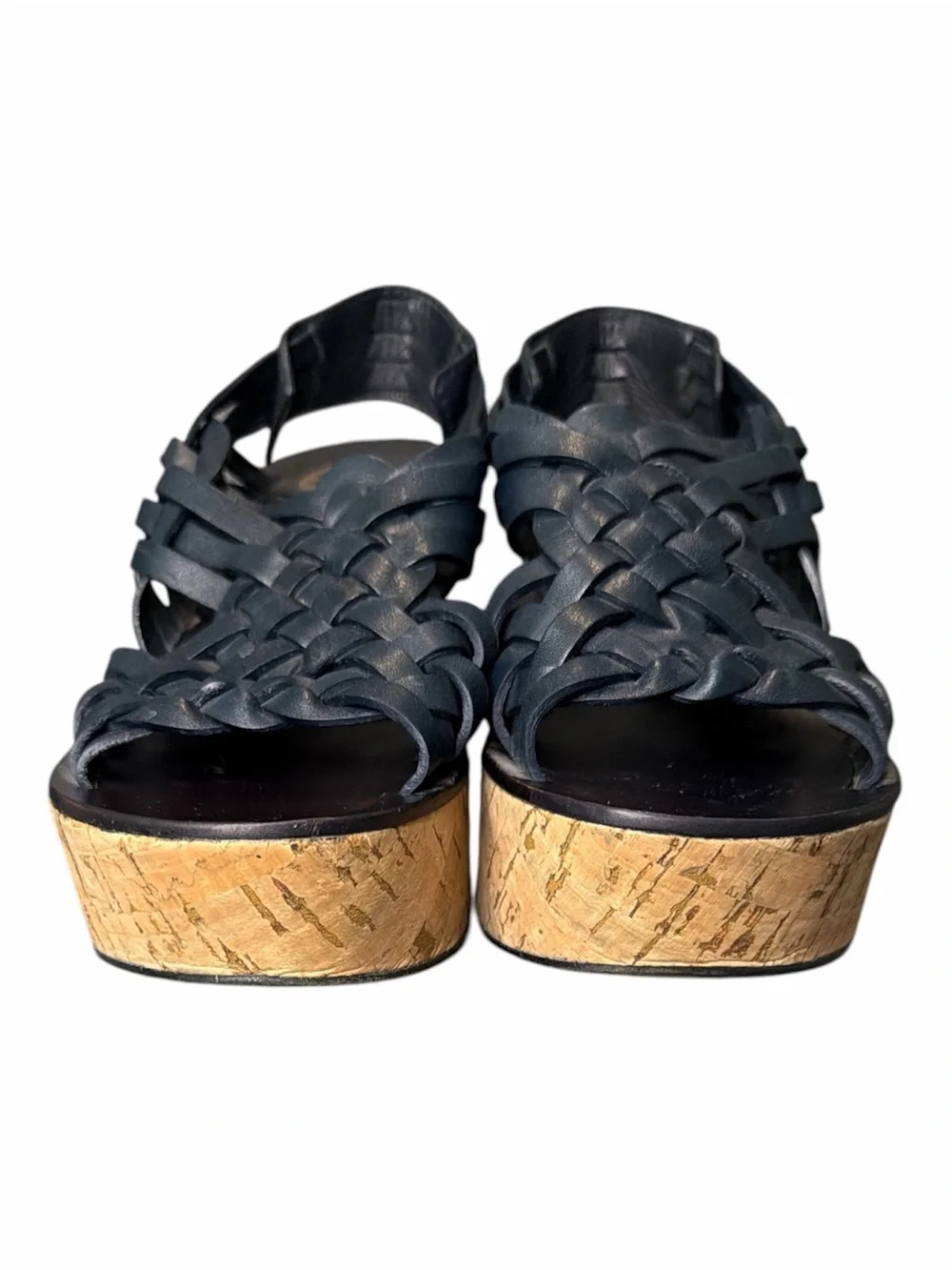Tory Burch Navy Blue Woven Leather Cork Slingback Platform Wedge Sandals Size 8